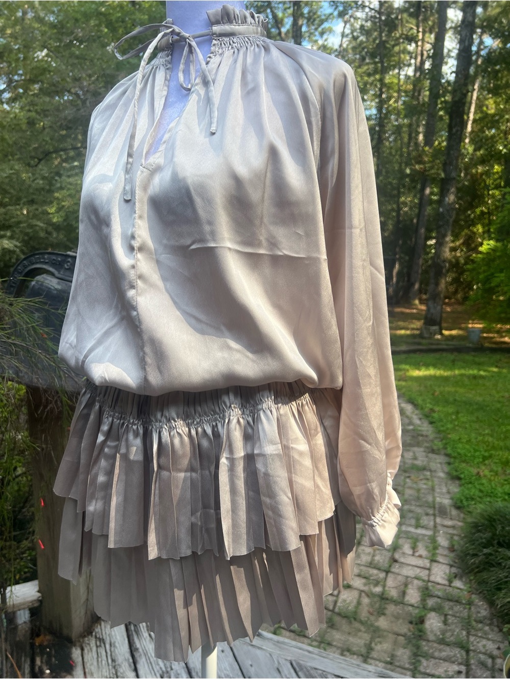 Bishop + Young Satin Pleated Mini Dress Size M Shiny Taupe